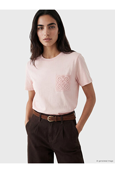 LC Waikiki Lcw Vision Pink Lace Detailed 100% Cotton Women's T-Shirt