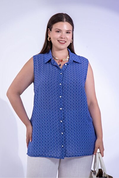 Roxxlen Women's Plus Size Patterned Sleeveless Blouse