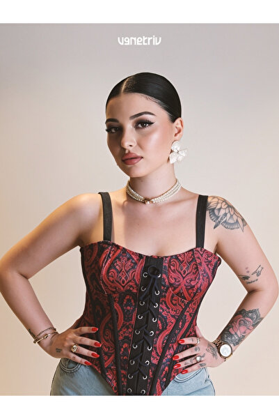 Venetriv Kilim Desenli Kırmızı Korse Büstiyer