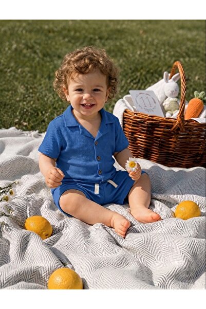 OMY Cotton Waffle Fabric Shirt with Buttons, Summer Shorts Set, Ages 1-5
