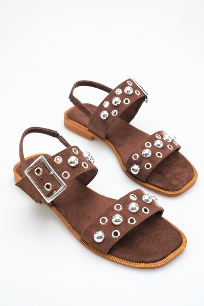 Ayakkabı Delisiyim Tan Suede Women's Sandals with Staple Stone Accessories, O...