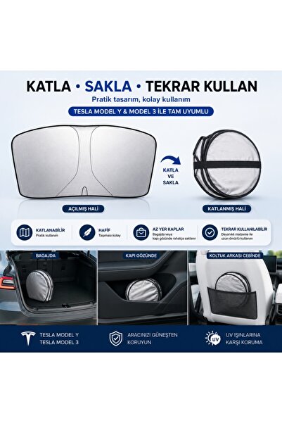 Baseus Polham 140x80 CM Tesla Model Y ve Model 3 İle Uyumlu Ön Cam Güneşliği, Isı Yalıtımlı Güneş Koruyucu