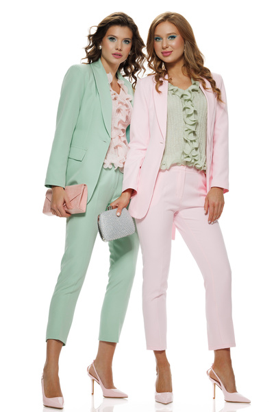 Fofy Compleu dama elegant roz sacou cu revere si cordon pantalon conic