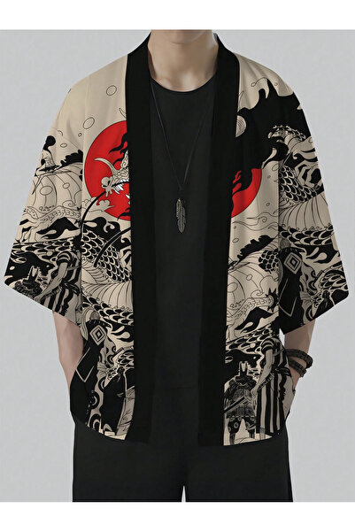 Touz Moda Dragon Design Red Black Detailed Unisex Kimono