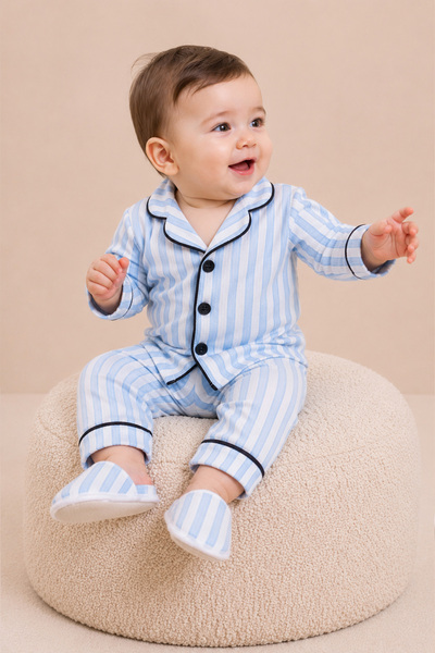 Rocha Baby Çizgili Çocuk Pijama Takımı Terlikli 3 Parça Fitilli Ev Giyim Seti