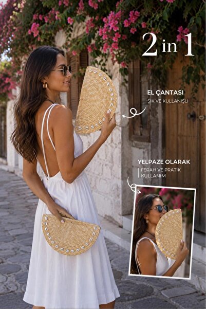 Melissa Boutique Kadın Bej Hasır Deniz Kabuğu Detaylı Uzun Askılı Yazlık Clut...