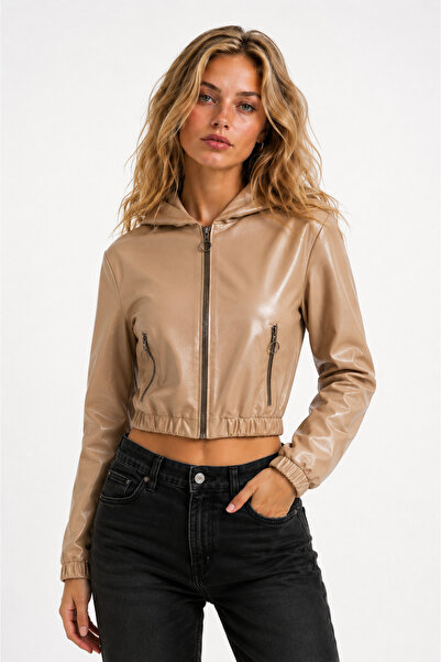 MİRENA LEATHER Kadın Gold Kapüşonlu Crop Hakiki Deri Ceket