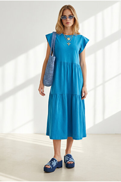 Olalook Women's Light Petrol Sleeve Ruffled Parted Mini Cotton Dress Elb-1900...