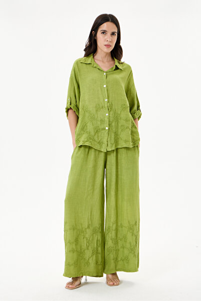 della moor Women's Apple Green Italian 100% Linen Floral Embroidered Trousers...