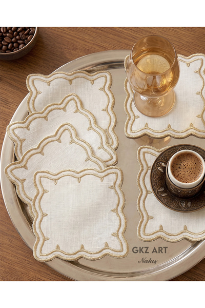 gkzglass home dekor 6 Adet Keten Kumaş Üzeri Nakışlı Kahve Yanı Kokteyl Peçet...