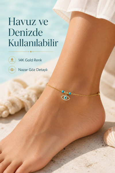 Sacce Scarves&Accessories Nazar Eye Detailed Zircon Stone Anklet with Thin Ch...