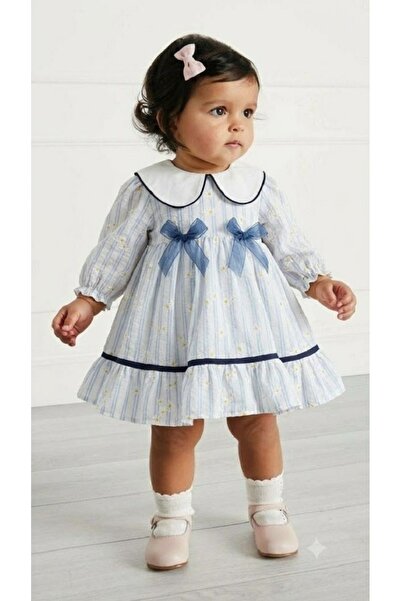 Noy Noy Baby Girl Bebe Collar Striped Daisy Patterned Cotton Dress with Blue ...