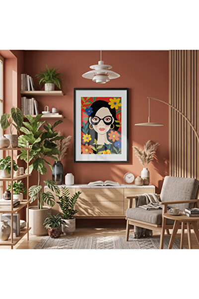KOLAJTASARIM Vibrant Floral Woman Portrait Black Wooden Framed Painting Bohem...