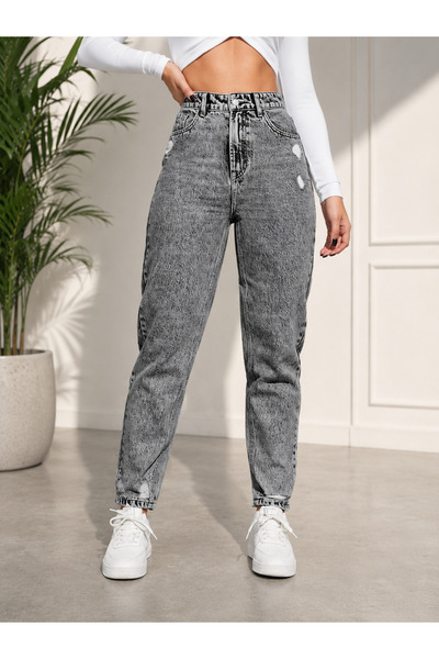 MARA BRANCO Women's Gray High Waist Mom Fit Ripped Detailed Jean Trousers