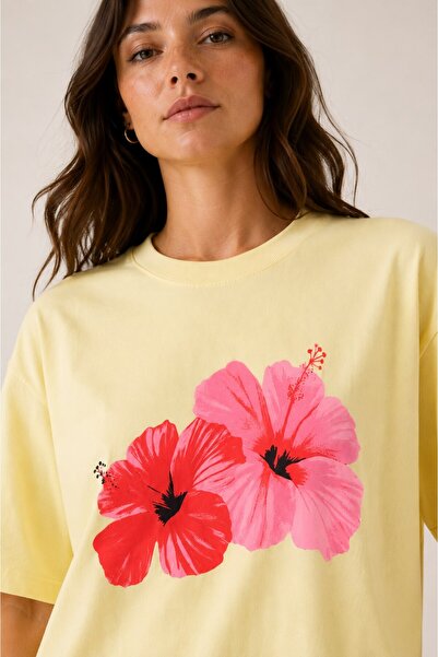 CrepTekstil Crep Women's Pink Floral Printed Oversize Yellow T-Shirt 100% Cot...