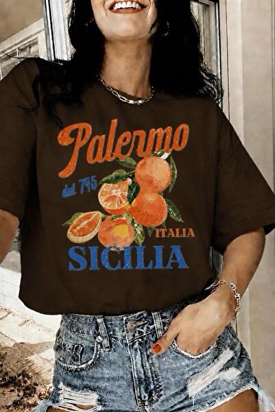 Oksit Tricou supradimensionat din bumbac, cu tematică portocalie, Palermo, Si...