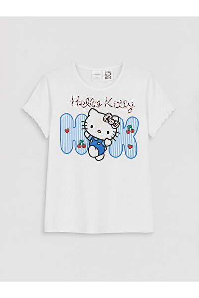 LC Waikiki تي شيرت أبيض برقبة دائرية مطبوع عليه Hello Kitty للفتيات