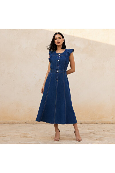 DNM A-line Midi Cotton Denim Dress with Ruffle Detail