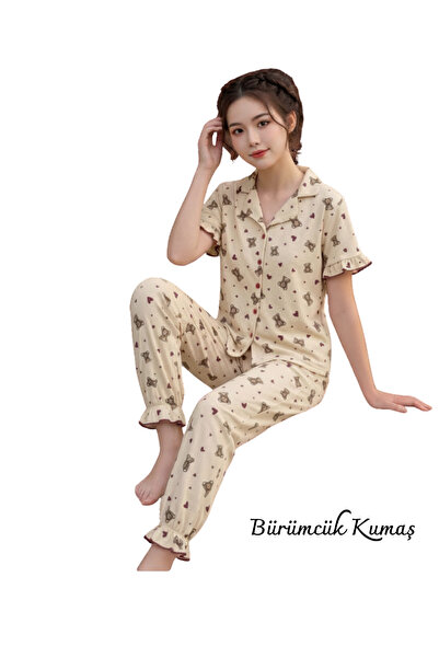 miosse Women's Shirt Collar Buttoned Wrinkled Pajama Set with Ruffles