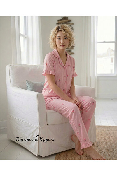 miosse Women's Shirt Collar Buttoned Wrinkled Pajama Set with Ruffles