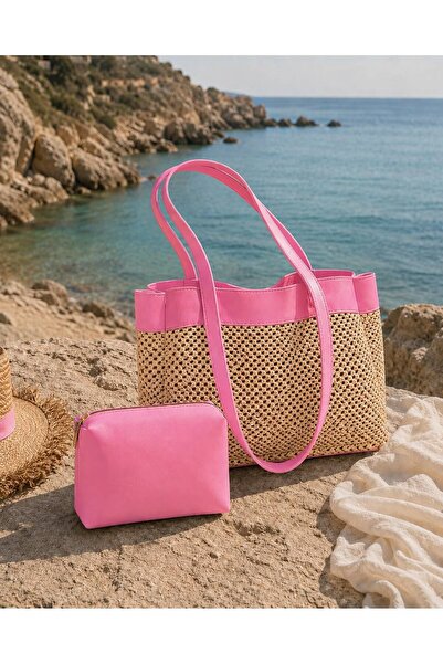 Summer Time Plaj Çantası + Değerli Eşya Çantası Toz Pembe