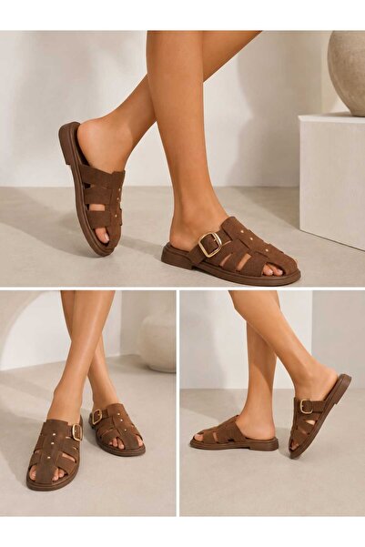 derim shoes Women's Brown Cage-Strapped Buckle Casual Summer Slippers