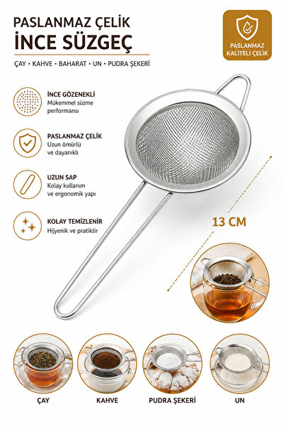 Paslanmaz Çelik İnce Çay Süzgeci 13 cm – Kahve, Un, Pudra Şekeri ve Baharat Süzgeci