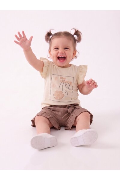 Kids Kingdom Cotton Cherry Patterned 2-Piece Girls' Set with Ruffle Detail