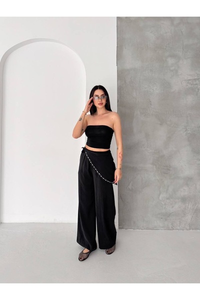 Jöns Butik Women's Black Stone Detailed Double-Breasted Look High-Waisted Pal...