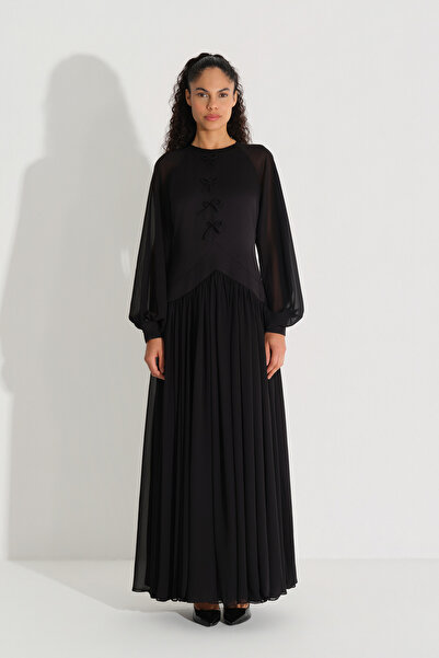 miha Hicran Önal Front Body Detail with Bow Knot Cropped Crepe Dress Black