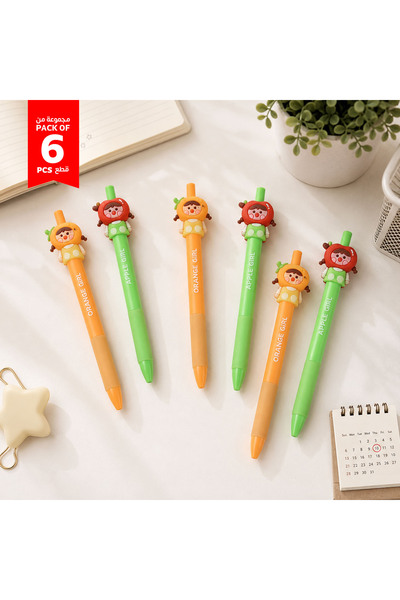 Midi Set of 6 Cute Fruit Girl Pens with Apple and Orange Design