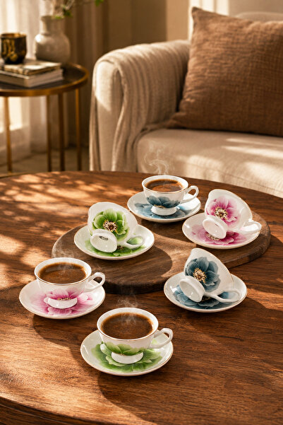 Porsima GC57-2442 12 Parça Yaldızlı Porselen Türk Kahve Fincan Takımı - 6 Kiş...