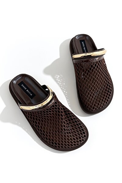 Shoebutik Дамски мрежести чехли Esencia с кафяви златни катарами