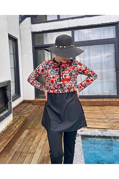 MaşuKa Paraşüt Kumaş Crop Detaylı Desenli Şık Kadın Tesettür Mayo 3'lü Set (P...
