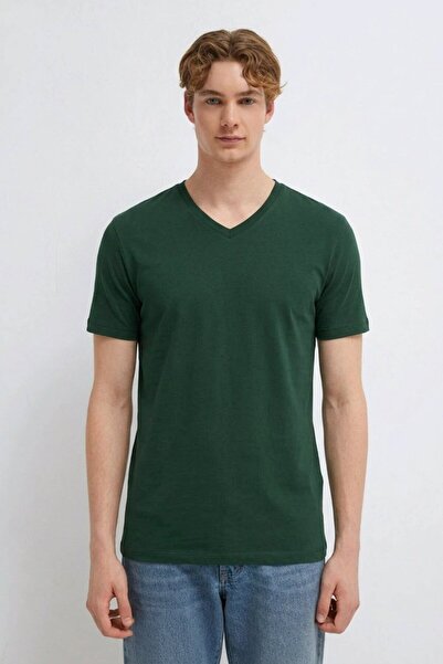 DAMGA JEANS Men's Casual Comfortable Khaki V-Neck T-Shirt