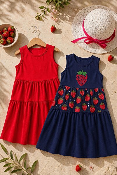 Perendi Girl's Strawberry Printed 2-Piece Hat and Dress Set