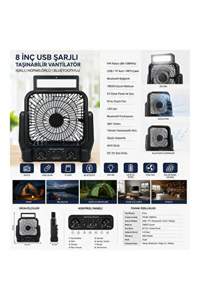 Genel Markalar 8 İnç Solar Kamp Vantilatörü FM Radyolu Bluetooth Hoparlörlü L...