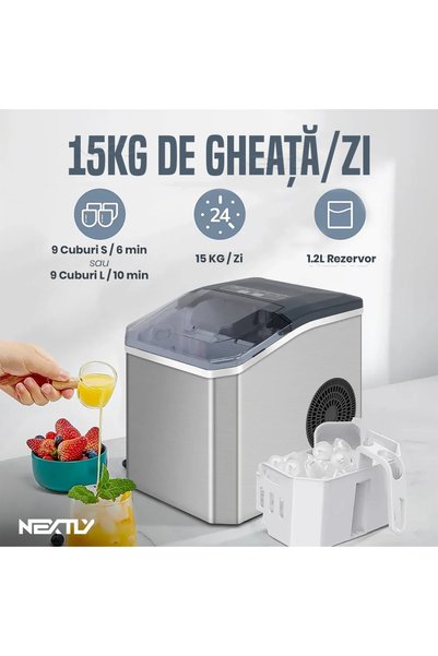 NEXTLY Aparat de făcut cuburi de gheață 15kg/24h, 1.2L, 9 cuburi/6 minute, Autocurățare, Argintiu