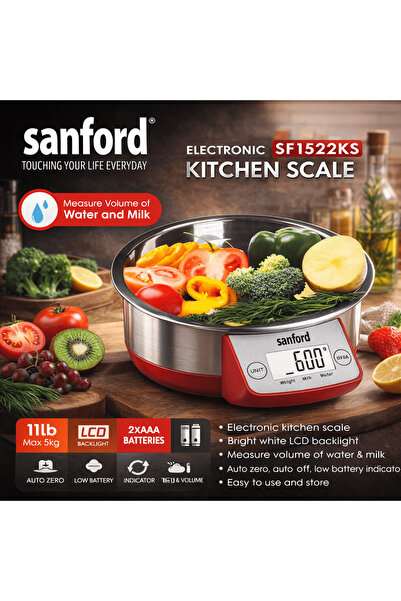 Sanford 5kg Digital Kitchen Scale – Stainless Steel Bowl & LCD Backlight