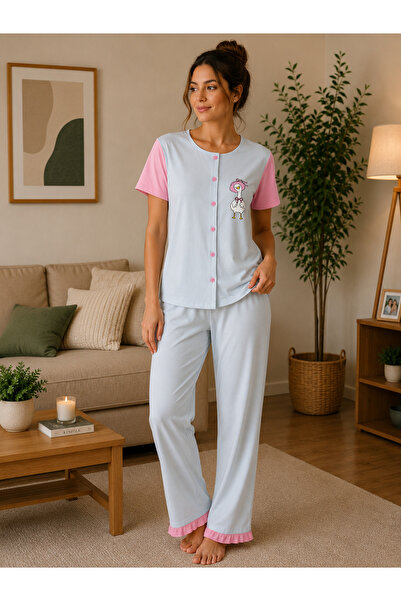 BALİS PİJAMA Women's Ruffle Detailed Printed Buttoned Short Sleeve Pajama Set...