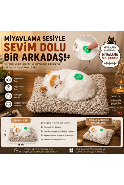İki Yedi Konsept Dozzi 775 Miyavlayan Uyuyan Kedi Peluş Dekoratif Oyuncak Ses...