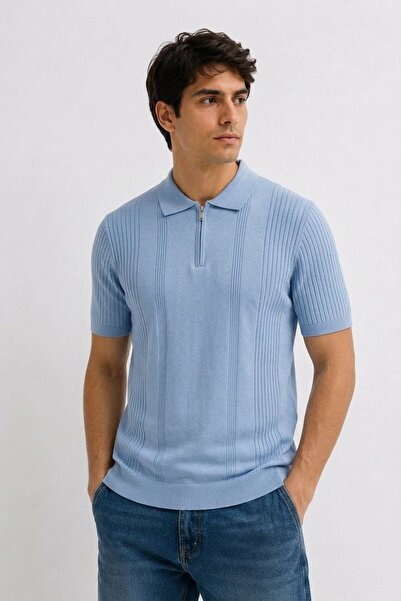 Maccali Men's Trend Blue Polo Collar Zippered Knitwear T-Shirt