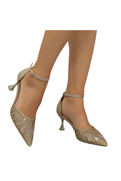 OEM Pantofi pentru femei, aurii, decor strasuri, inaltime toc 7 cm, marimea 35