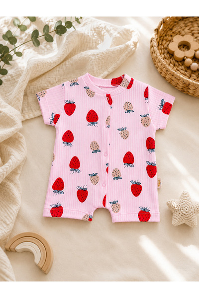 CipilBaby Çipil Baby Kız Bebek Çilek Desenli %100 Pamuk Kısa Kollu Çıtçıtlı T...
