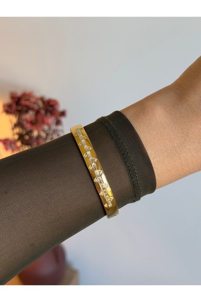 BURÇİN AKSESUAR Zircon Stone Geometric Shaped Anti-Tarnish Steel Handcuffs