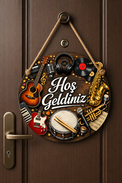SHELİFE Music Themed Welcome Door Ornament Round Decorative Door Ornament Wooden