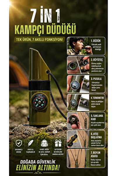 7 İN 1 Çok Fonksiyonlu Acil Durum Düdüğü Pusulalı Kamp ve Outdoor Hayatta Kalma Seti