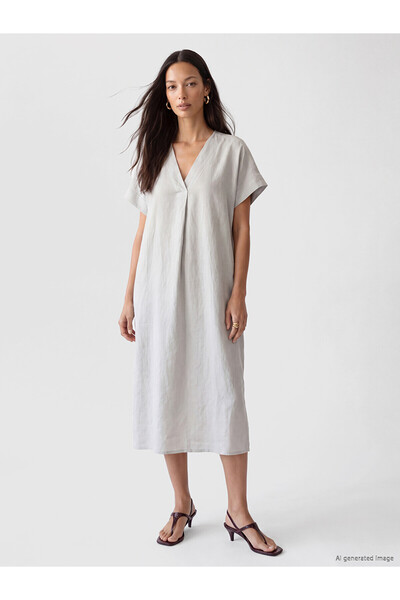 LC Waikiki Trendlucky V-Neck 100% Linen Dress with a Difference