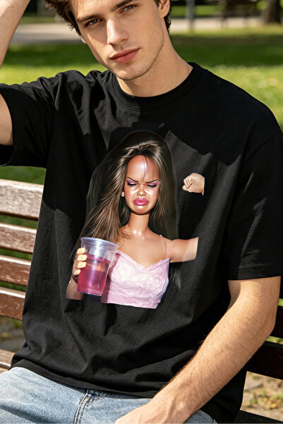 Fleck Casual Style T Shirts For Men Featuring A Woman Holding A Pink Drink Pe...