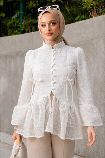 Lunfia Hakim Yaka Düğmeli Astarlı Fırfırlı Poliviskon Tunik - Beyaz